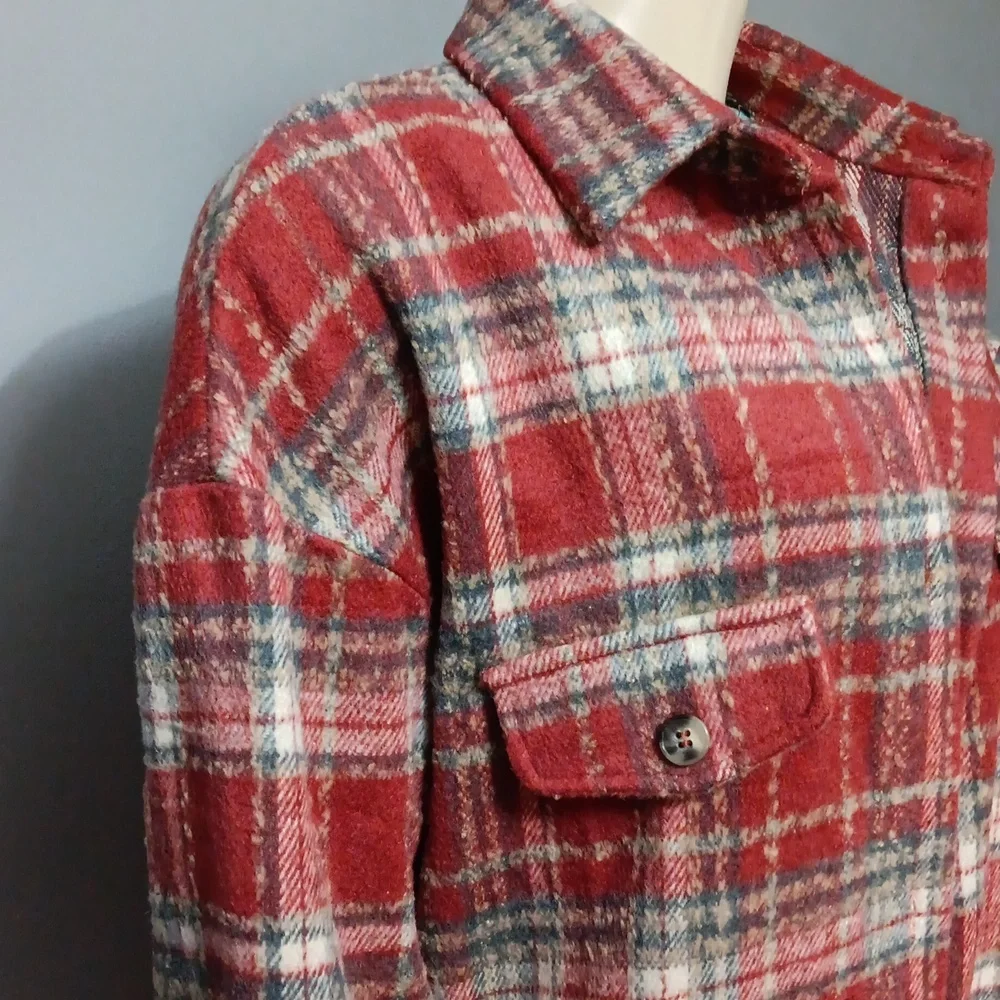 Red Plaid Trench Style Jacket - Picture 6 of 9
